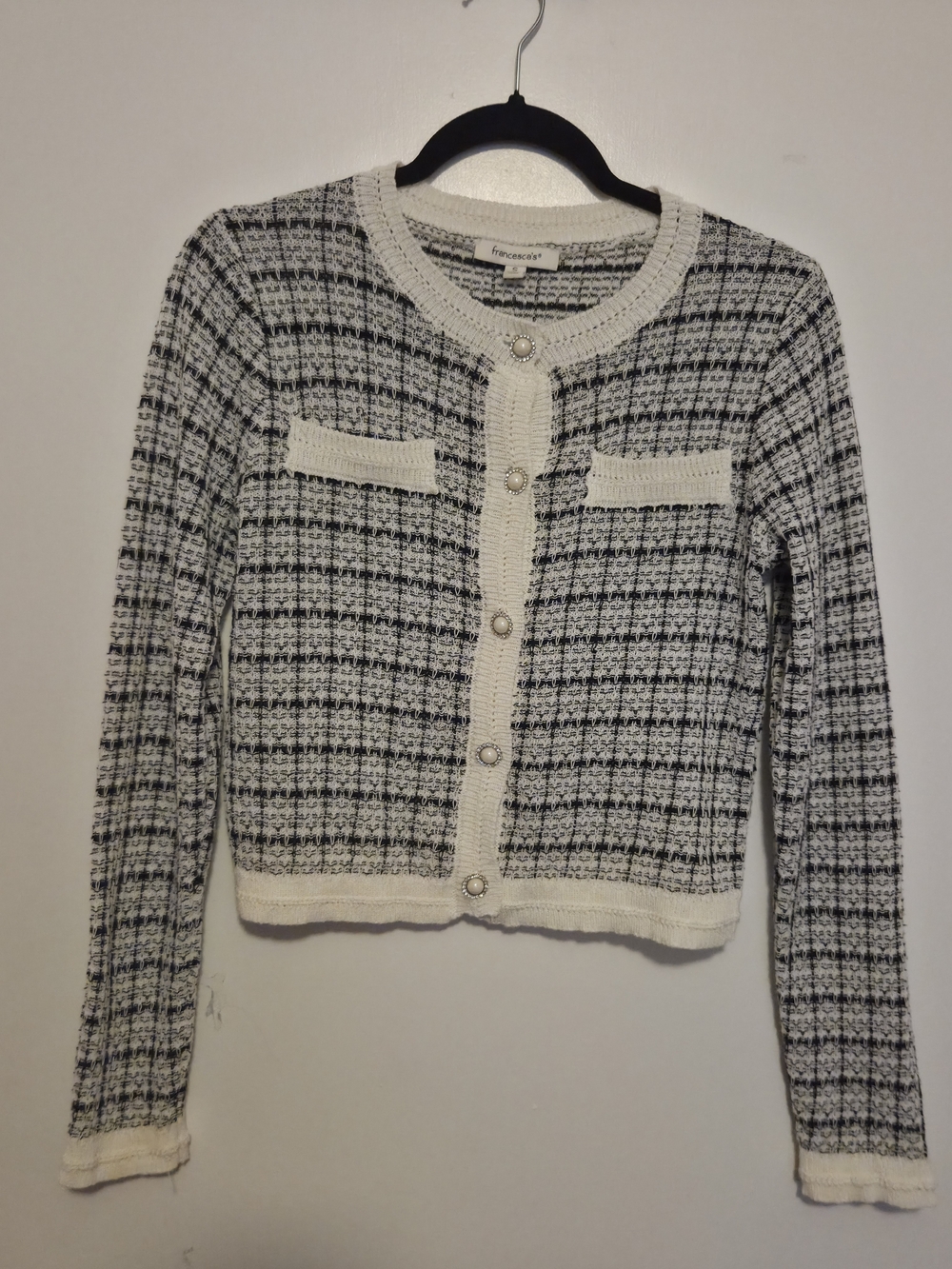 Francesca's Black and White Tweed Pearl-Button Cardigan. Women's Size Small.